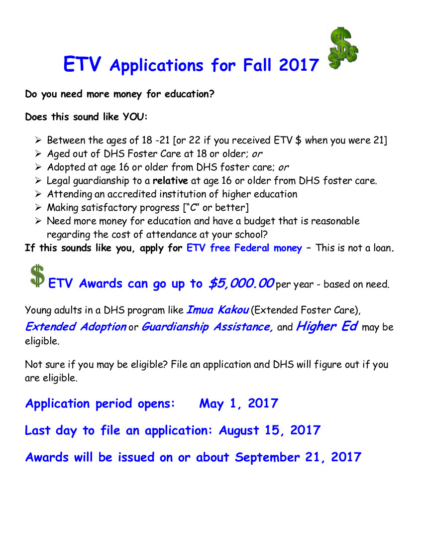 ETV Applications for Fall 2017